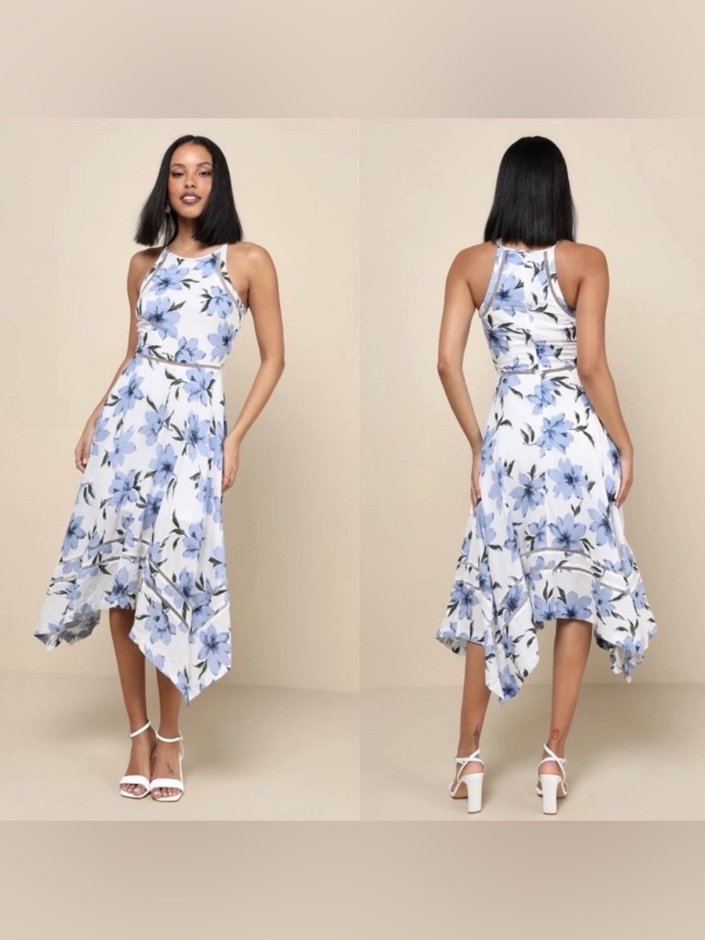 Lulus Zahara Blue And White Floral Print Sleeveless Midi Dress Medium Boho